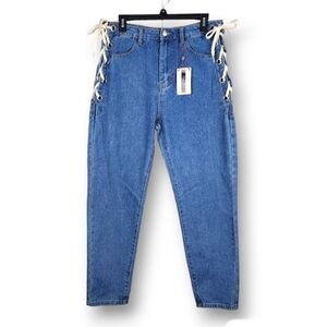 new Denim Blvd Los Angeles Mom Jeans Rivets Ivory Lace-up Side Accents Blue
